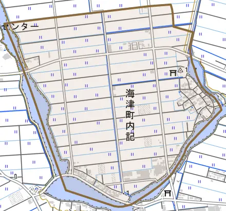 海津町内記とその周辺の地図。町の範囲を重ねている