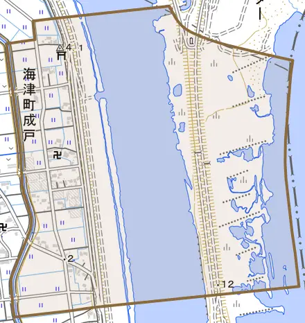 海津町成戸とその周辺の地図。町の範囲を重ねている