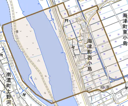 海津町西小島とその周辺の地図。町の範囲を重ねている