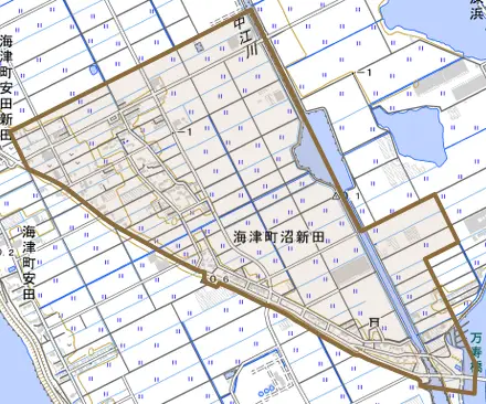 海津町沼新田とその周辺の地図。町の範囲を重ねている