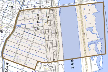 海津町大和田とその周辺の地図。町の範囲を重ねている