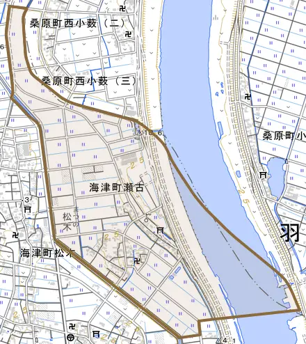 海津町瀬古とその周辺の地図。町の範囲を重ねている