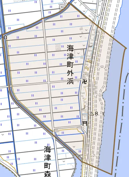 海津町外浜とその周辺の地図。町の範囲を重ねている