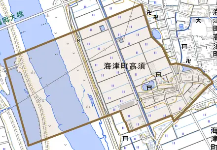 海津町高須とその周辺の地図。町の範囲を重ねている