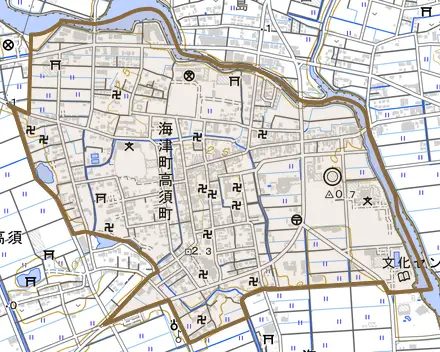 海津町高須町とその周辺の地図。町の範囲を重ねている