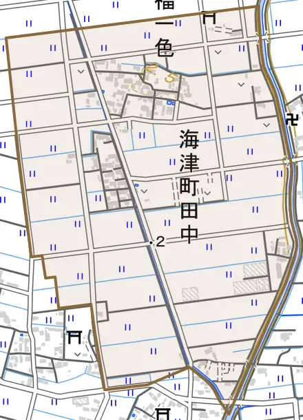 海津町田中とその周辺の地図。町の範囲を重ねている