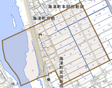 海津町安田新田とその周辺の地図。町の範囲を重ねている