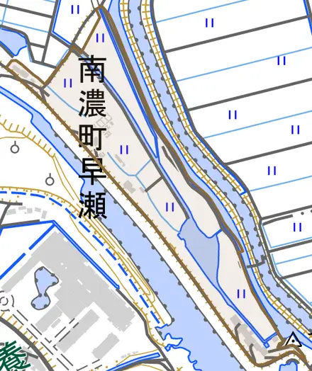 南濃町早瀬とその周辺の地図。町の範囲を重ねている