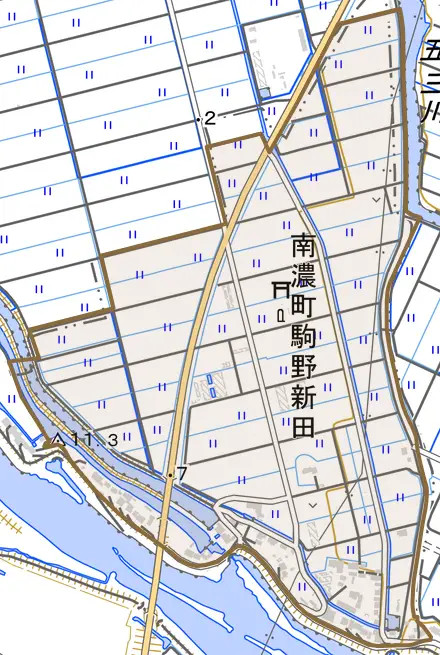 南濃町駒野新田とその周辺の地図。町の範囲を重ねている