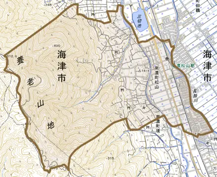 南濃町松山とその周辺の地図。町の範囲を重ねている
