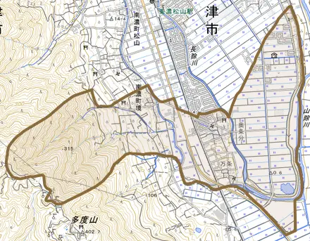 南濃町境とその周辺の地図。町の範囲を重ねている