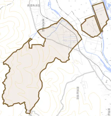 南濃町志津とその周辺の地図。町の範囲を重ねている