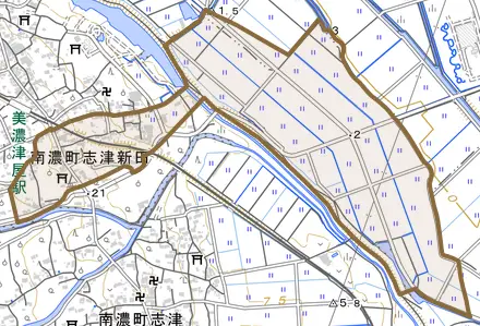 南濃町志津新田とその周辺の地図。町の範囲を重ねている