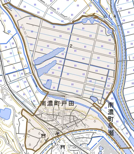 南濃町戸田とその周辺の地図。町の範囲を重ねている