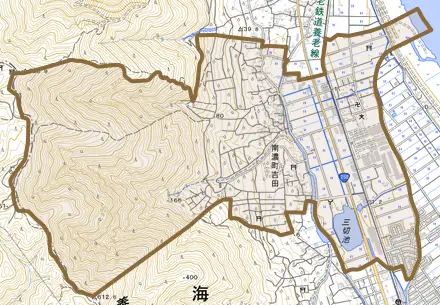 南濃町吉田とその周辺の地図。町の範囲を重ねている