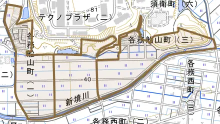 各務船山町とその周辺の地図。町の範囲を重ねている