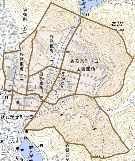各務東町とその周辺の地図。町の範囲を重ねている