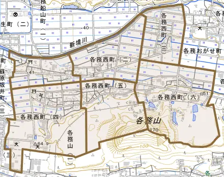 各務西町とその周辺の地図。町の範囲を重ねている