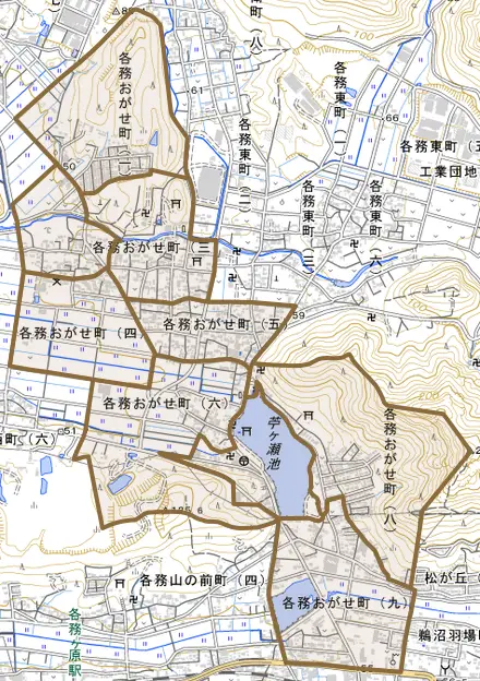 各務おがせ町とその周辺の地図。町の範囲を重ねている