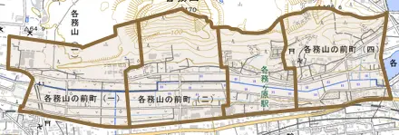 各務山の前町とその周辺の地図。町の範囲を重ねている