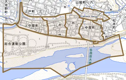 上中屋町とその周辺の地図。町の範囲を重ねている
