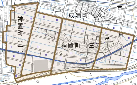神置町とその周辺の地図。町の範囲を重ねている