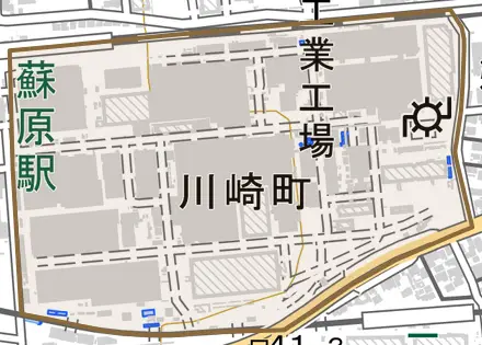 川崎町とその周辺の地図。町の範囲を重ねている