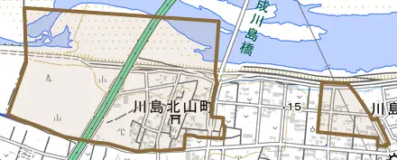 川島北山町とその周辺の地図。町の範囲を重ねている