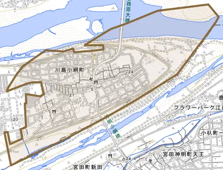 川島小網町とその周辺の地図。町の範囲を重ねている