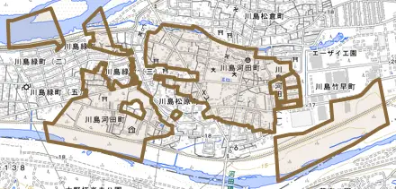 川島河田町とその周辺の地図。町の範囲を重ねている