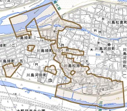 川島松原町とその周辺の地図。町の範囲を重ねている