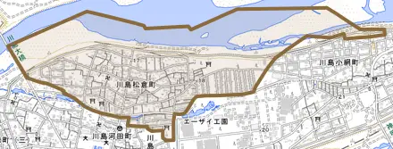川島松倉町とその周辺の地図。町の範囲を重ねている