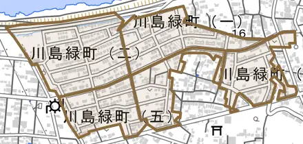 川島緑町とその周辺の地図。町の範囲を重ねている