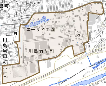 川島竹早町とその周辺の地図。町の範囲を重ねている