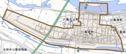 川島渡町とその周辺の地図。町の範囲を重ねている