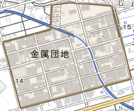 金属団地とその周辺の地図。町の範囲を重ねている