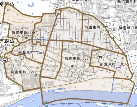 前渡東町とその周辺の地図。町の範囲を重ねている