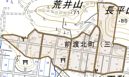 前渡北町とその周辺の地図。町の範囲を重ねている