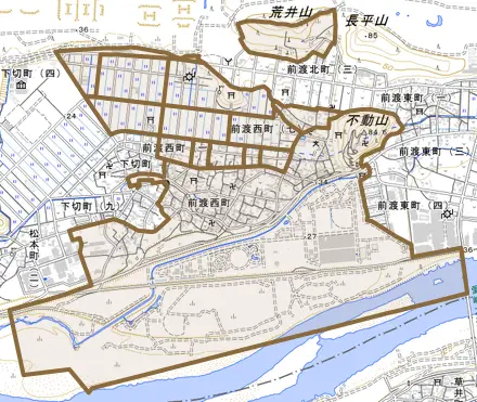 前渡西町とその周辺の地図。町の範囲を重ねている