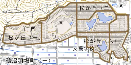 松が丘とその周辺の地図。町の範囲を重ねている