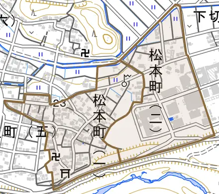 松本町とその周辺の地図。町の範囲を重ねている