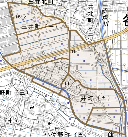 三井町とその周辺の地図。町の範囲を重ねている