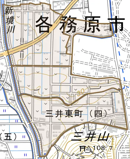 三井東町とその周辺の地図。町の範囲を重ねている