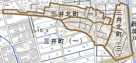 三井北町とその周辺の地図。町の範囲を重ねている