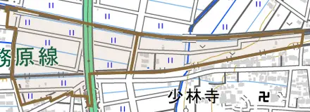 那加大門町とその周辺の地図。町の範囲を重ねている