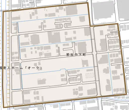 那加巾下町とその周辺の地図。町の範囲を重ねている