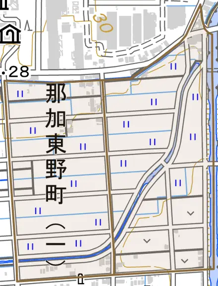那加東野町とその周辺の地図。町の範囲を重ねている