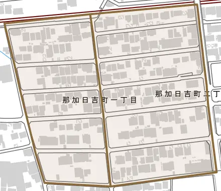 那加日吉町とその周辺の地図。町の範囲を重ねている