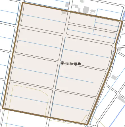 那加神田町とその周辺の地図。町の範囲を重ねている