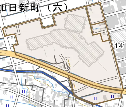 那加萱場町とその周辺の地図。町の範囲を重ねている